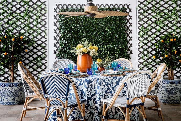 Santa Barbara (stripe) rattan side chair with synthetic-wicker seat, $269, and Miami (spot) rattan side chair with synthetic-wicker seat, $299, [Naturally Cane](http://naturallycane.com.au//?utm_campaign=supplier/|target="_blank"). **ON TABLE FROM LEFT** Aqua wineglasses, $89/six, [Me & Mo Homewares](http://www.meandmo-homewares.com.au//?utm_campaign=supplier/|target="_blank"). Batik Garden porcelain side plates, $245/12-piece dinner set, [Noritake](http://www.noritake.com.au//?utm_campaign=supplier/|target="_blank"). Lagos blown-glass vase in Paprika, $415, [Boyd Blue](http://www.boydblue.com//?utm_campaign=supplier/|target="_blank"). Indigo Mallee linen-cotton tablecloth, $149, [Utopia Goods](http://utopiagoods.com//?utm_campaign=supplier/|target="_blank").