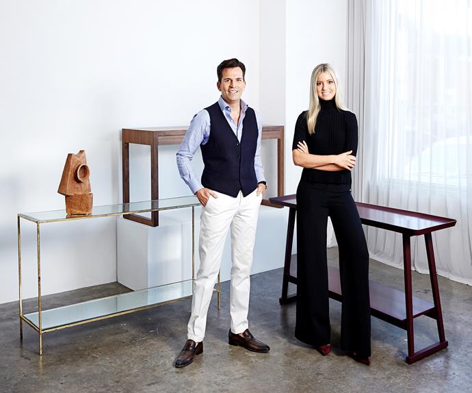 Thomas Hamel and Lucy Montgomery in front of three console tables