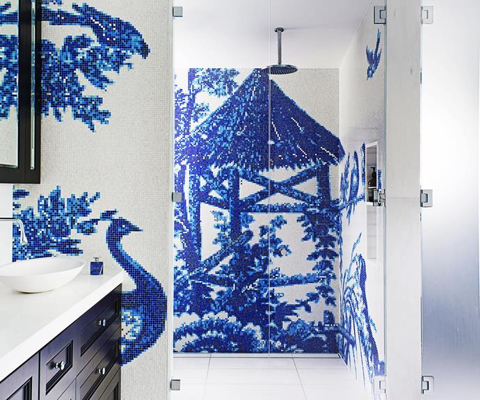 For those who want to make a real style statement, mosaic specialist Bisazza offers ‘story panels’, such as this Eastern-inspired peacock motif in an ensuite designed by [Sarah Davison Interior Design](http://www.sarahdavison.com.au/?utm_campaign=supplier/|target="_blank").
Photo: Nicholas Watt