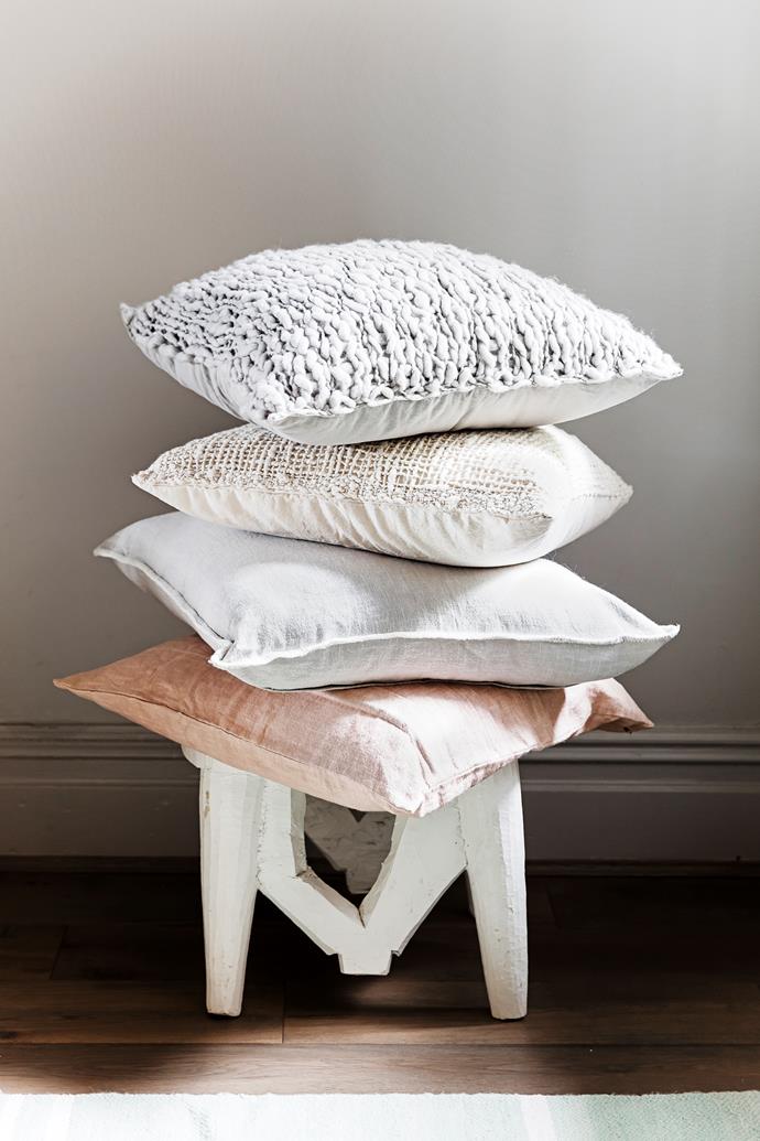 Cushions from top: Flame, Lattice, Linen Stitch, and Linen Pleat, from $120 each.