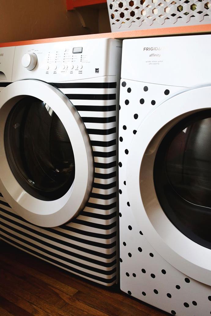 **Update old appliances:** Bring some instant cheer to the boring laundry by covering the washing machine and dryer with graphic shapes. Get the DIY [here](http://www.abeautifulmess.com/2013/11/stripes-and-dots-elsies-washer-dryer-makeover.html|target="_blank"|rel="nofollow"). Photo via [A Beautiful Mess](http://www.abeautifulmess.com/?utm_campaign=supplier/|target="_blank"|rel="nofollow")