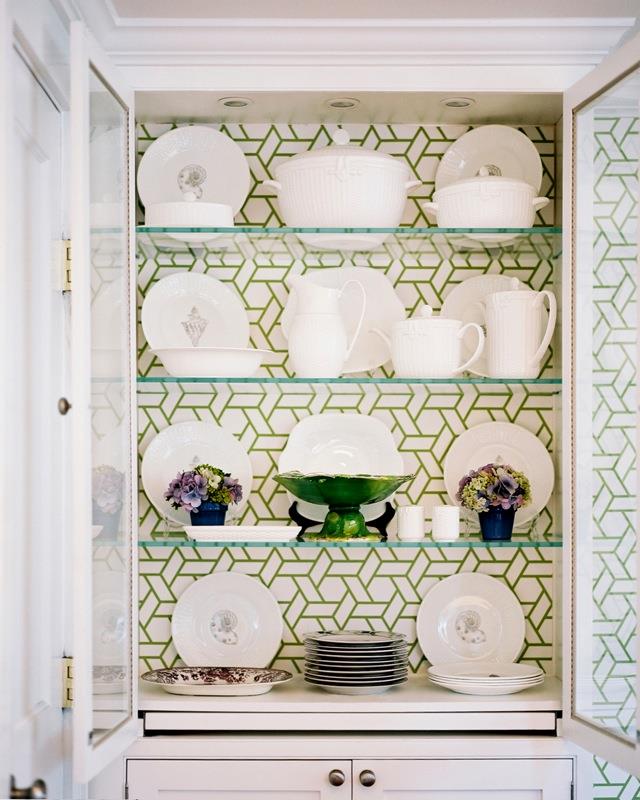 **Beautiful backdrop:** The interior of shelves is an ideal place for printed wallpaper, providing a punchy backdrop for the items on display. Photo via [Chinoiserie Chic](http://www.chinoiseriechic.net/?utm_campaign=supplier/|target="_blank"|rel="nofollow")