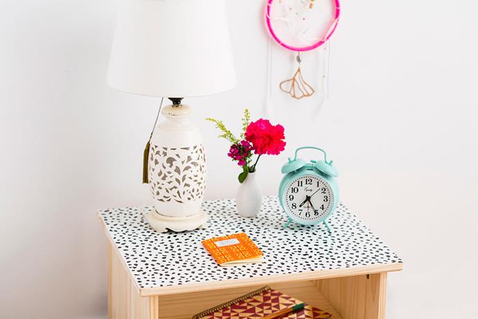 **Statement tabletop:** A basic IKEA bedside table is transformed into something unique and wonderful with a single sheet of removable wallpaper. Get the DIY [here](http://www.brit.co/ways-to-reuse-wallpaper-tutorial/?utm_campaign=supplier/|target="_blank"|rel="nofollow"). Photo via [Brit + Co](http://www.brit.co/?utm_campaign=supplier/|target="_blank"|rel="nofollow")