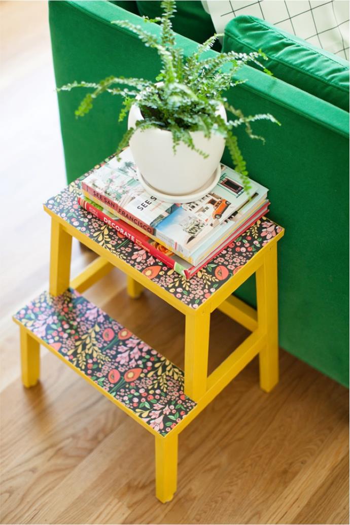**Upcycle furniture:** A basic IKEA stepladder can easily become the most attractive piece of furniture in your house with a little paint and [removable wallpaper](https://www.homestolove.com.au/diy-removable-wallpaper-7041|target="_blank"|rel="nofollow"). Get the DIY [here](http://www.thislittlestreet.com/blog/2014/05/13/diy-wallpaper-stools/?utm_campaign=supplier/|target="_blank"|rel="nofollow"). Photo via [The Little Street](http://www.thislittlestreet.com/blog/?utm_campaign=supplier/|target="_blank"|rel="nofollow")
