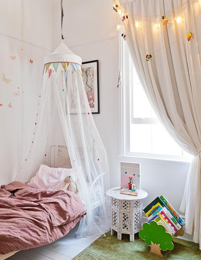 Harper’s bedroom is on the ground floor in the old part of the house. The Ikea “Minnen” bed is dressed with bedlinen from Little White Home. Beside it sits a My Escape Collection “Tree” bookcase from Go Home and a Moroccan side table from Touchwood Furniture in Sydney’s Bronte.