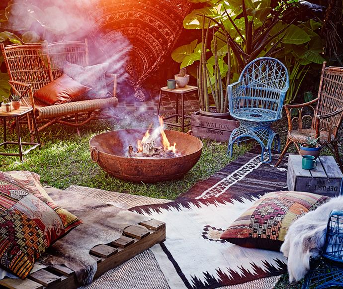 **1. Relaxed gathering.** On a budget?  Gather your friends, a bunch of blankets, some Moroccan-style cushions and relax in style around a fire pit. These boho-style elements create an inviting, familiar and intimate atmosphere. Winter entertaining, sorted. Photo: Brett Stevens / Bauersyndication.com.au.
