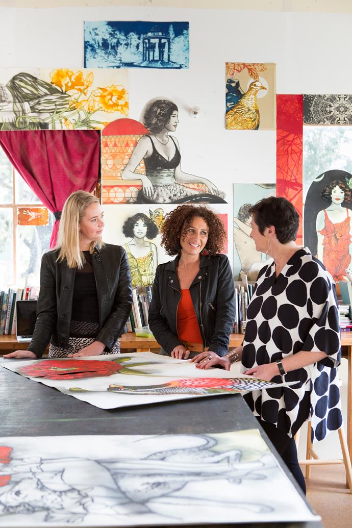 Allanah and her Hobart gallery manager Sarah Sansom (left), chat with printmaker Mandy Renard.