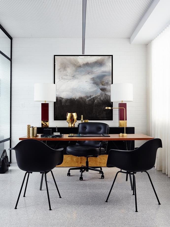 A large work by Scott Petrie makes an elegant backdrop in the designer’s new office. Photo: Anson Smart