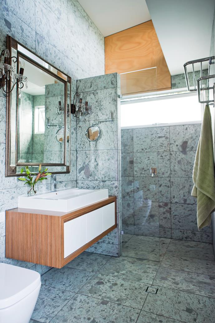 The eye-catching tiles, from [Balistones](http://www.balistone.com.au/?utm_campaign=supplier/|target="_blank") in Bali, give a luxurious look to the ensuite.