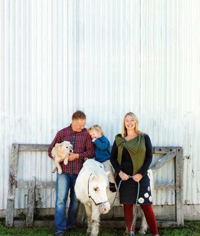 Andrew, Sarah and George with Wojtek, a Jack Russell/red cattledog cross, and their aptly named pony, Cheeky.
