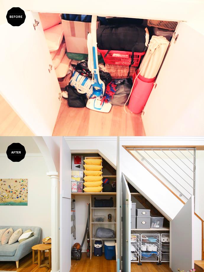 The cupboards had become a dumping ground but with some smart storage ideas, frequently used items are now within reach; everything else is up high.