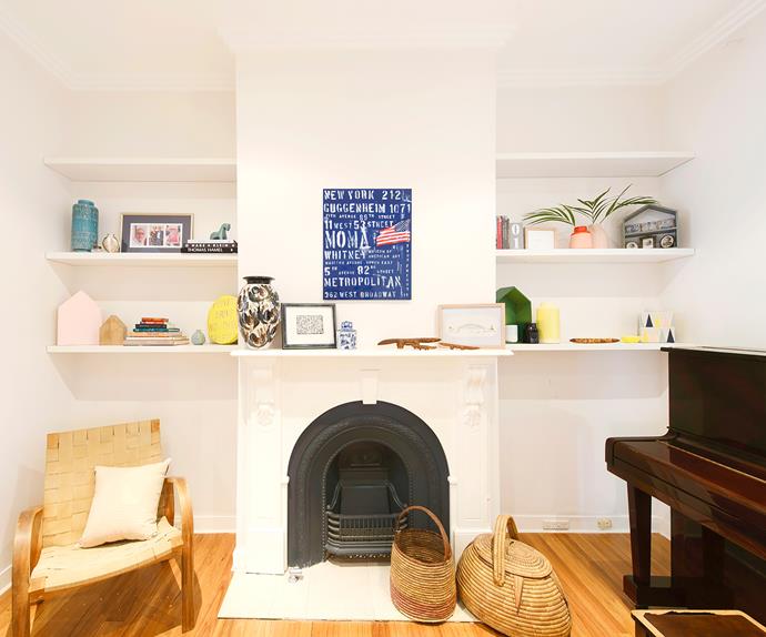 shelving above fireplace