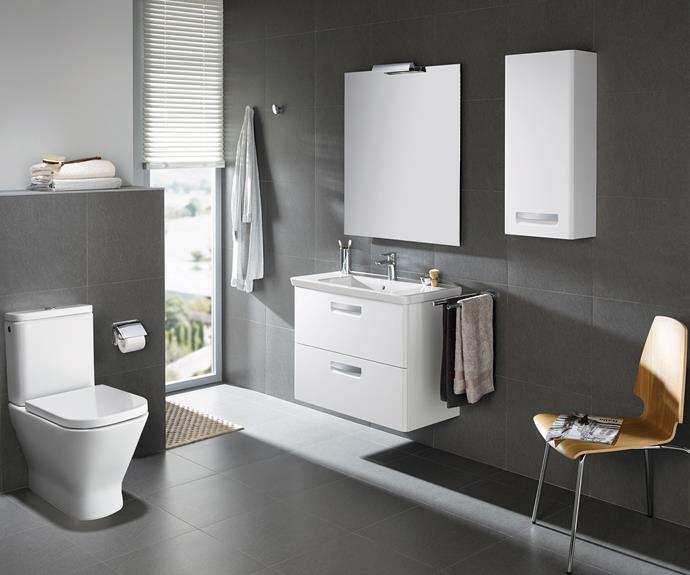 **Advanced design.** Clean lines and high-tech reign supreme in this contemporary bathroom. [The Gap Rimless Toilet Suite](http://www.reece.com.au/bathrooms/products/roca-the-gap-rimless-btw-cc-back-inlet-suite-9505423/|target="_blank"|rel="nofollow") features a game-changing design with no angles or edges around the pan. The result? Easier cleaning, better hygiene levels and a stylish compact suite. *Photo: supplied*