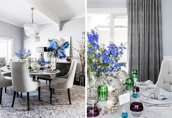 With its generous proportions, the formal dining room in this Art Deco Sydney apartment is a divine setting for a glamorous Christmas celebration. Waterford 'Clarendon' **wine glasses** in emerald, $449 (for a set of two), from [Myer](https://fave.co/2PaTkl0|target="_blank"|rel="nofollow"), for a similar table cloth, try 'Floral jacquard' **tablecloth**, from $129, at [Zara Home](https://www.zarahome.com/au/tableware/tablecloths/floral-jacquard-tablecloth-c1089096p300704586.html?ct=true|target="_blank"|rel="nofollow").