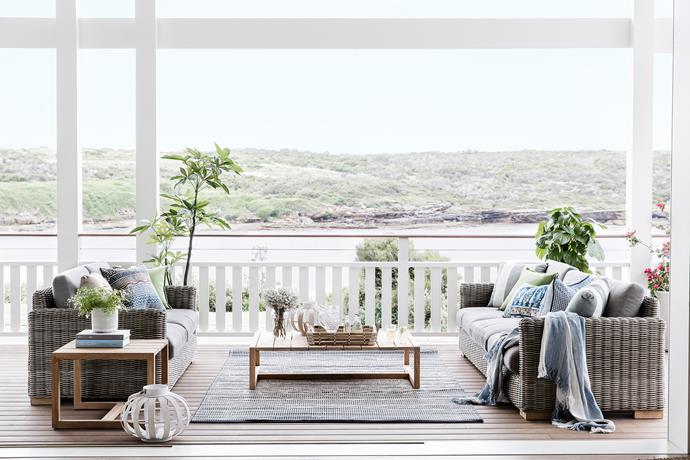The 200m2 verandah is the jewel in the crown of this waterfront home. Coffee table and side table, [Eco Outdoor](https://www.ecooutdoor.com.au/). Cushions, all [Pottery Barn](http://www.potterybarn.com.au/). Tray, [Freedom](https://www.freedom.com.au/). Throw, [L&M Home](http://www.linenmoore.com.au/). Lantern, [Papaya](http://www.papaya.com.au/). Outdoor rug, [Fab Habitat](http://www.fabhabitat.com.au/). Pacific teak decking, [Woodform Architectural](http://www.woodformarch.com/). Faux tree, [Floral Interiors](http://www.floralinteriors.com.au/). Smart buy: Claybourne outdoor sofas, $3299 (2.5 seater) and $4499 (3.5 seater), [Eco Outdoor](https://www.ecooutdoor.com.au/).