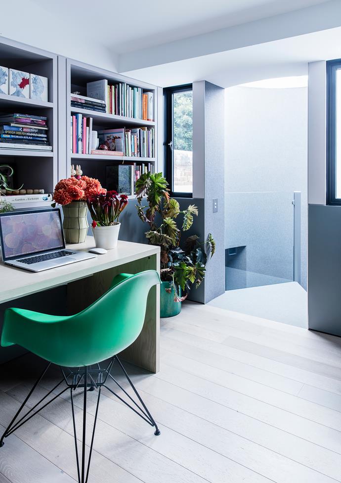 The home office is a cool and quiet place to work. Eames armchair, [Living Edge](https://livingedge.com.au/).