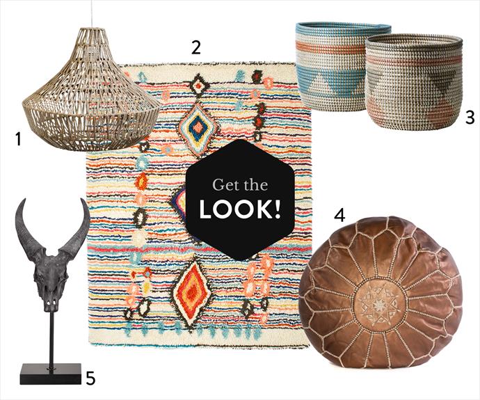 **1.** Woven rope pendant lampshade, $199, from [Opus Design](http://opusdesign.com.au/|target="_blank"|rel="nofollow"). **2.** Charm wool rug, 152cm x 244cm, $699, from [West Elm](http://www.westelm.com.au/|target="_blank"|rel="nofollow"). **3.** Home Republic “Sahara” baskets, from $39.95, from [Adairs](https://www.adairs.com.au/|target="_blank"|rel="nofollow"). **4.** Moroccan leather pouffe, $230, from [Table Tonic](https://www.tabletonic.com.au/|target="_blank"|rel="nofollow"). **5.** Bouclair Novica antelope statue, $30, from [Spotlight](https://www.spotlightstores.com/|target="_blank"|rel="nofollow").