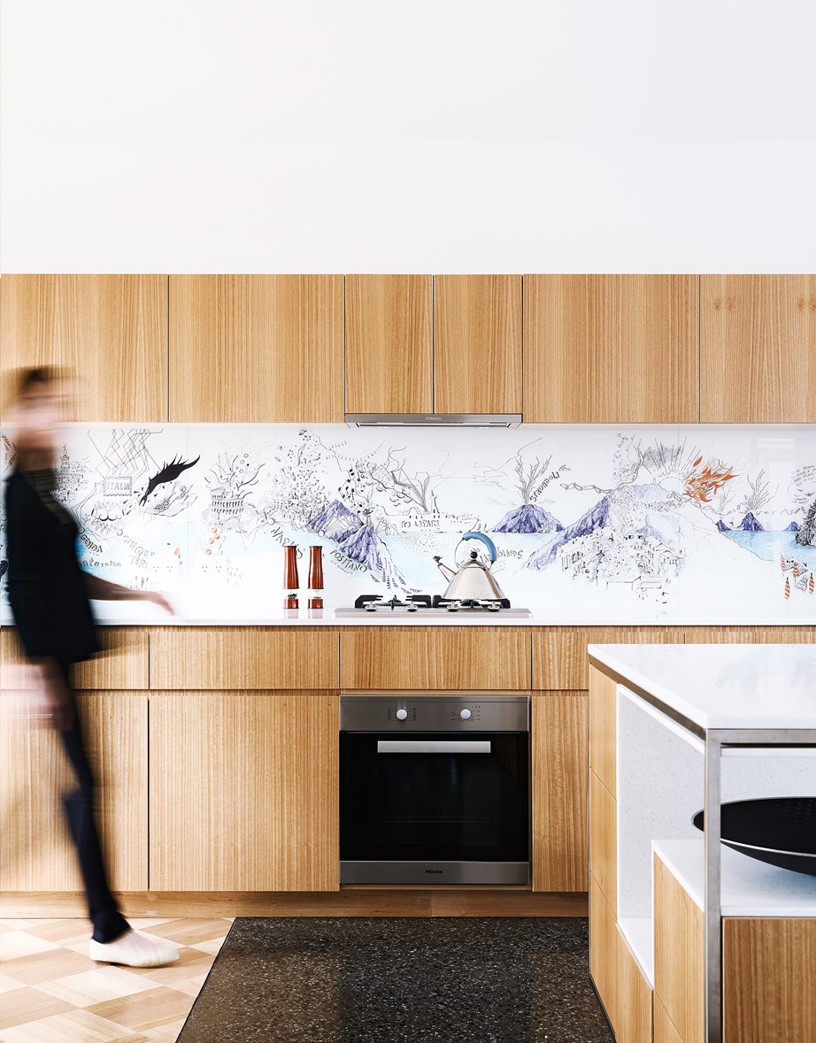 The treasured splashback in [this modernist-leaning Melbourne home](https://www.homestolove.com.au/melbourne-house-by-steffen-welsch-architects-4783|target="_blank") details the homeowners' matrimonial journey in Sicily, its painterly palette reflecting the main colours in the home.