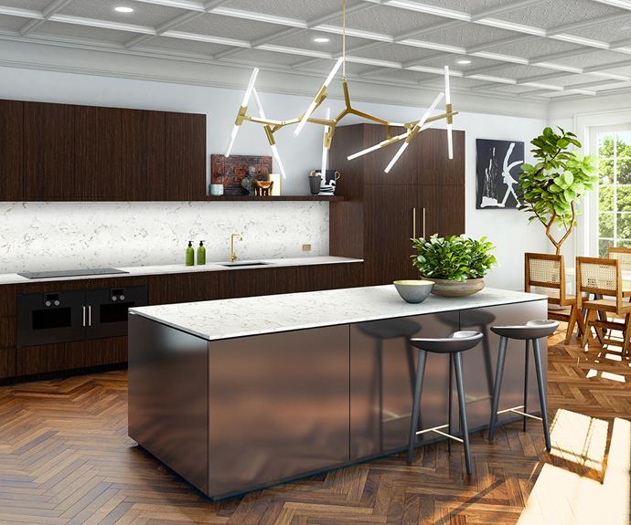 The interior stylist served as a muse for this Laminex mineral style kitchen. The dark tones set against white textured decor with striking metallic accents perfectly embody Steve's tailored luxe style. *Photo: Laminex*