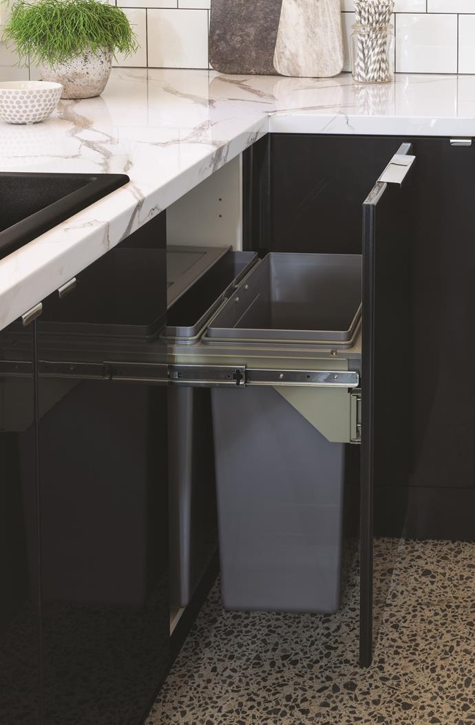 Hide away the rubbish with a side-mount pull-out bin. This one features two 31-litre removable bins.