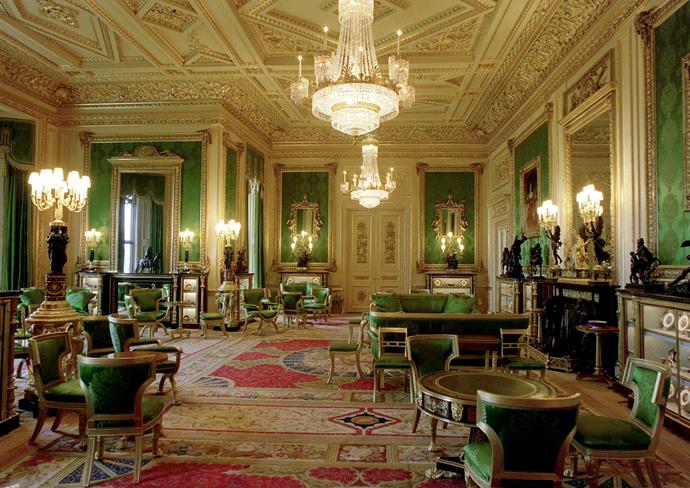 **Windsor Castle** is the preferred weekend home of Queen Elizabeth II. She takes up official residence for a month over Easter, known as Easter Court. After the disastrous 1992 fire the castle had to be fully restored with an estimated £37 million damage bill. This photo of the The Green Drawing Room was taken after the restoration, refurbished with gorgeous green accents that are right on-trend today! Photo: Getty