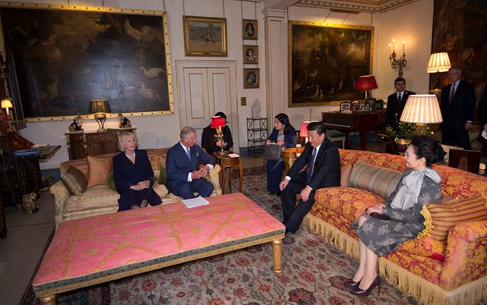 **Clarence House** (pictured) is the official residence of The Prince of Wales and The Duchess of Cornwall. Here, Chinese President Xi Jinping and China's First Lady Peng Liyuan have tea with Camilla, Duchess of Cornwall and Prince Charles in their home. We can't keep our eyes off that ottoman! Photo: Getty