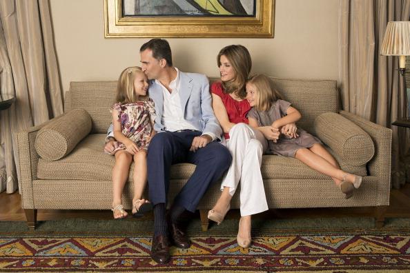 Princess Letizia of Spain, Prince Felipe of Spain and their children, Princesses Leonor and Sofia pose for a relaxed family portrait at home in **Zarzuela Palace** in Madrid, Spain. We love the fact that this  palace actually looks like a normal family home with refined and sophisticated decor without going OTT. Photo: Getty