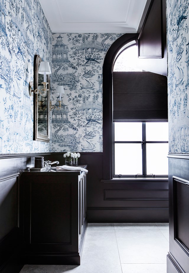 In the traditional-style bathroom of this [Eastern Sydney home](http://www.homestolove.com.au/refined-sydney-family-home-by-lynda-kerry-interior-design-5383), rich, dark cabinetry is expertly contrasted against oriental China-blue wallpaper. *Photo: Maree Homer / Australian House & Garden*
