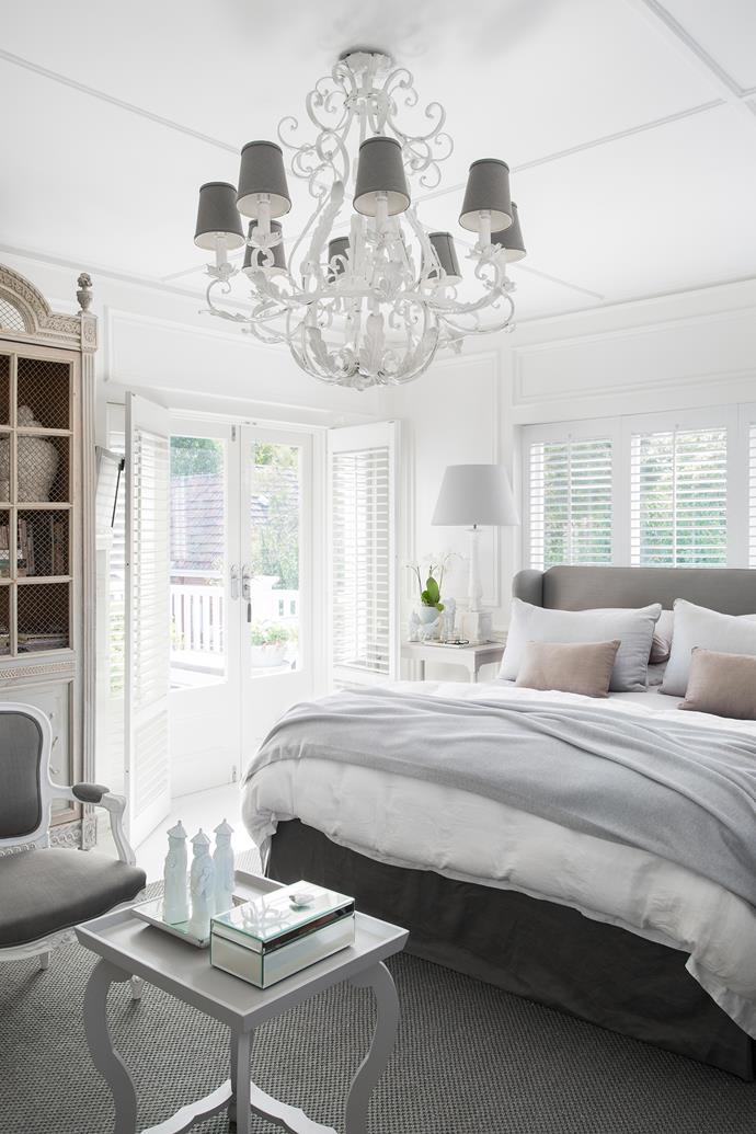 Modulated shades of grey create a soothing, sophisticated palette in the main bedroom.