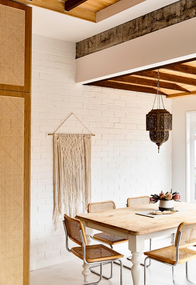 A handmade macrame wall hanging from the Middle Isle and Moroccan pendant light from Habibi adds a boho touch to this [modern Mediterranean home](https://www.homestolove.com.au/modern-mediterranean-style-home-5607|target="_blank") without going over the top. *Photo:* Derek Swalwell