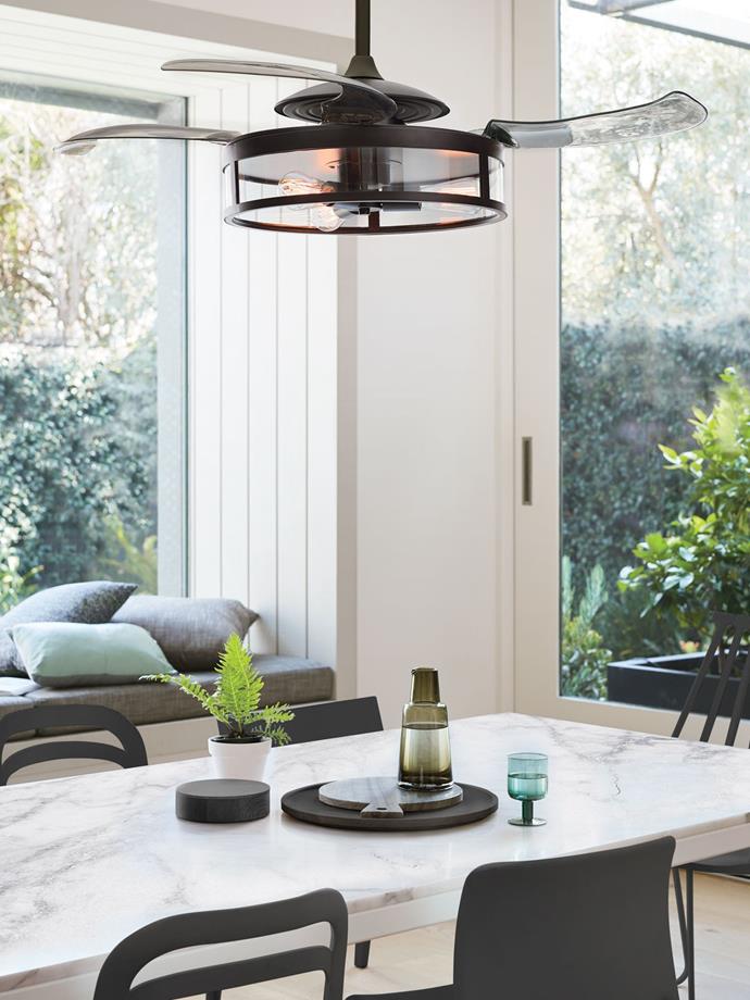 Fanaway Classic Ceiling Fan in Antique Black with 4 Retractable Smoke Blades and Light, $599, at [Beacon Lighting](https://www.beaconlighting.com.au/fanaway-classic-ceiling-fan-in-black-with-clear-4-retractable-blades-and-light.html|target="_blank"|rel="nofollow")