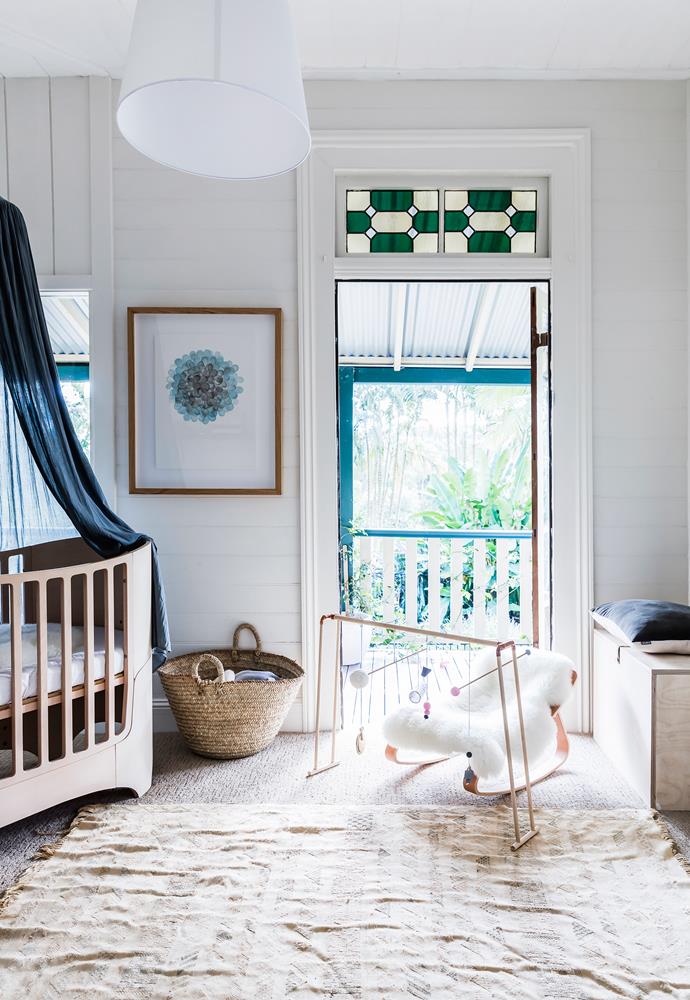 Ophelia’s room features a Leander cot, a Charlie Crane rocker, sheepskin rug from Worn and a mobile handmade by Lotte.