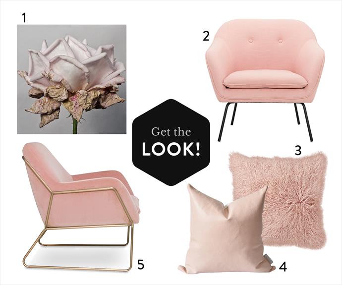 1. "Alice" limited edition print, $699, [Flowers For Kate](http://flowersforkate.com/|target="_blank"|rel="nofollow"). 2. "Oscar" lounge chair in Rose, $899, [Arrow Home](https://www.arrohome.com/furniture/lounge-chairs|target="_blank"|rel="nofollow"). 3. Mongolian lamb cushion cover, $199, [West Elm](http://www.westelm.com.au/mongolian-lamb-pillow-cover-rosette-24-t2126|target="_blank"|rel="nofollow"). 4. Leathercushion in Blush (45cm x 45cm), $139, [Norsu Interiors](https://norsu.com.au/collections/cushions|target="_blank"|rel="nofollow"). 5. Lexi fabric armchair in Blush Cozy, $1299, [Freedom](https://www.freedom.com.au/furniture/living-room/armchairs/8/23816190/lexi-fabric-armchair?reflist=furniture/living-room/armchairs|target="_blank"|rel="nofollow").