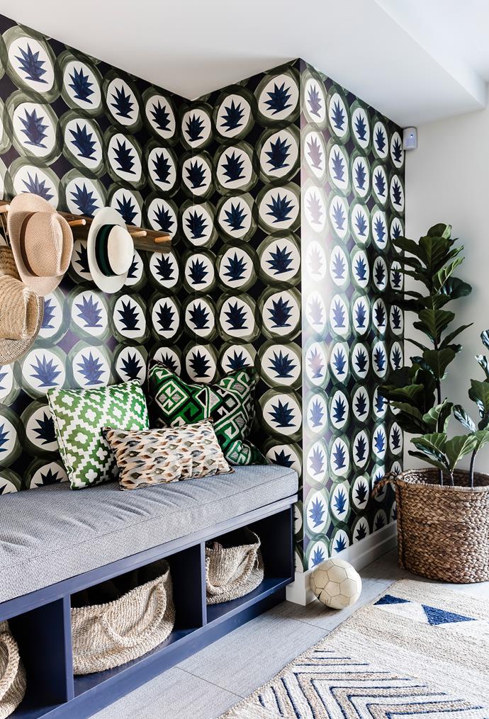 Having a mud room has helped me to be more organised," says Kate. Hermès 'Dune' wallpaper, from South Pacific Fabrics. Rug, from Homme Upholstery Studio.