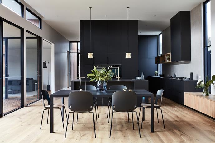 The kitchen units are made from Laminex in Artisan Nero to contrast with the Elegant Oak engineered timber flooring in Smouldered by Hurford Flooring.