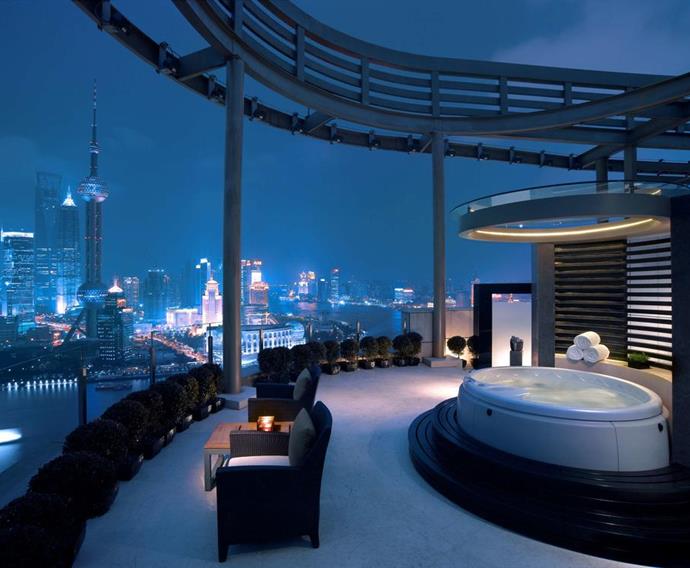 **Diplomat Suite, Hyatt on the Bund, Shanghai, China**
<br><br>
Hyatt on the Bund offers spectacular views of the Bund and Huangpu River, while the hotel's marble bathrooms include a giant rain shower and a soaking bathtub.