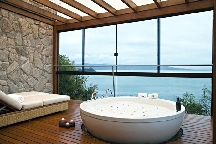 **Villa with Private Pool, Ponta dos Ganchos Resort, Brazil**
<br><br>
Overlooking the gorgeous Brazilian Emerald Coast, this resort features bathrooms with beautiful sea views, and a private island for guests.