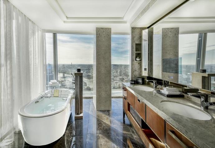 **Deluxe King Room with City Views, Shangri-La Hotel at The Shard, London, UK**
<br><br>
With views over the London skyline, the Shangri-La Hotel at The Shard offers marble-clad bathrooms with underfloor heating, separate bath tubs, a glass-enclosed shower and floor-to-ceiling windows showcasing the sprawling city below.