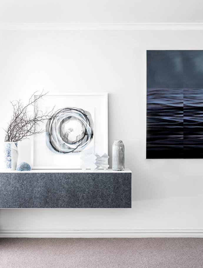 Mono L3 framed artwork by Lara Scolari sits on custom-made console with Moonlight artwork by Leanne Thomas to the right.