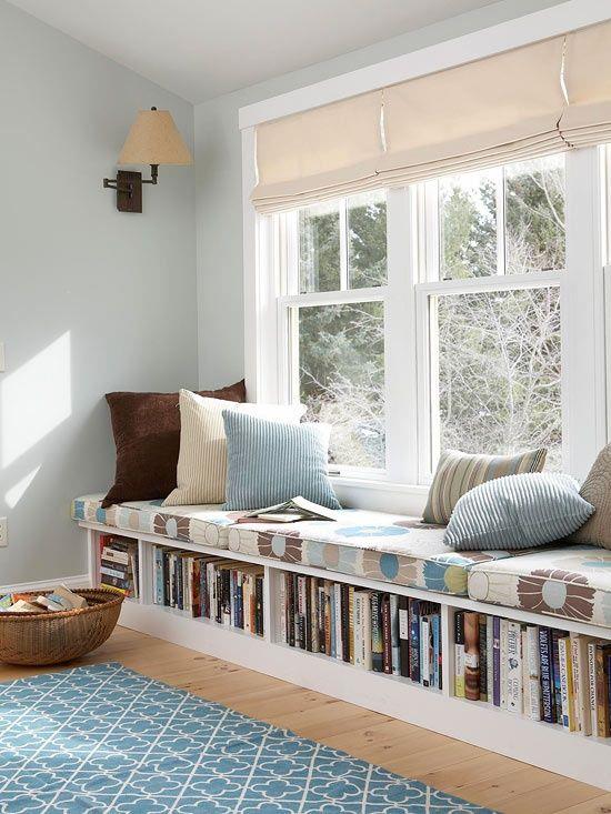 Rather than having to lift window seat storage boxes to access, why not leave one side open for books or baskets? Less cabinetry and no hinges mean it's more affordable too.[Book Riot via Pinterest](https://www.pinterest.com.au/pin/347903139956044376/|target="_blank"|rel="nofollow")