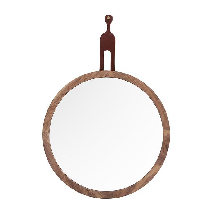 Nina Round Leather Strap Mirror in Walnut, $279, from life Interiors.