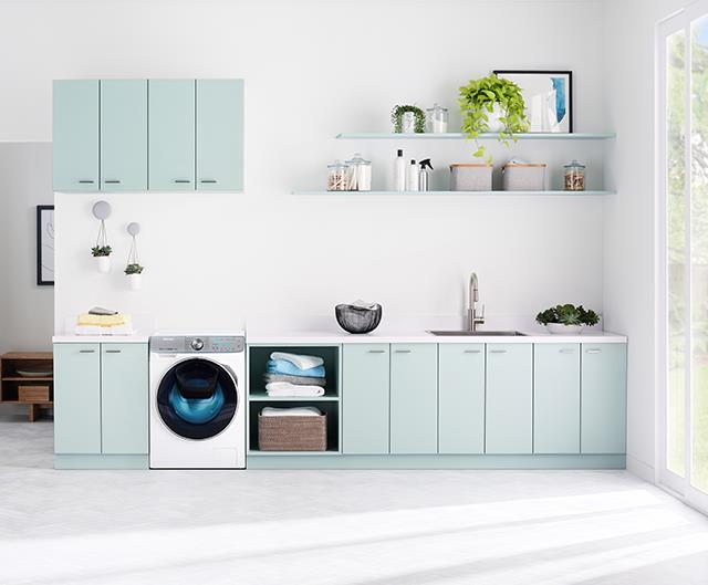 Utilise laundry space by installing clever cabinetry, small and hard-working appliances, and high wall shelving. *Photo: supplied*