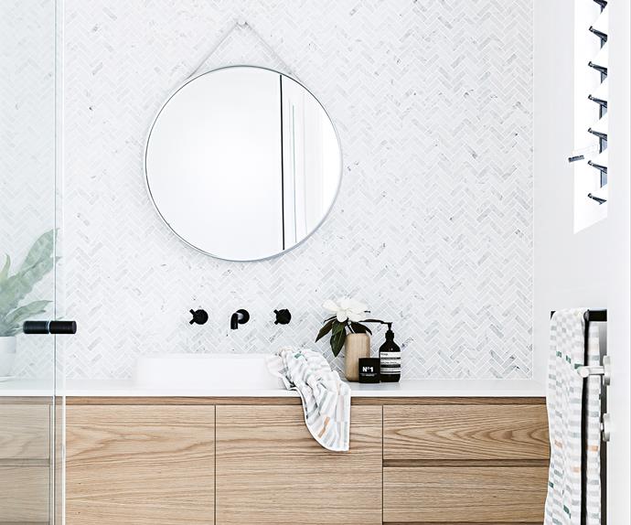 timber white bathroom herringbone tiles