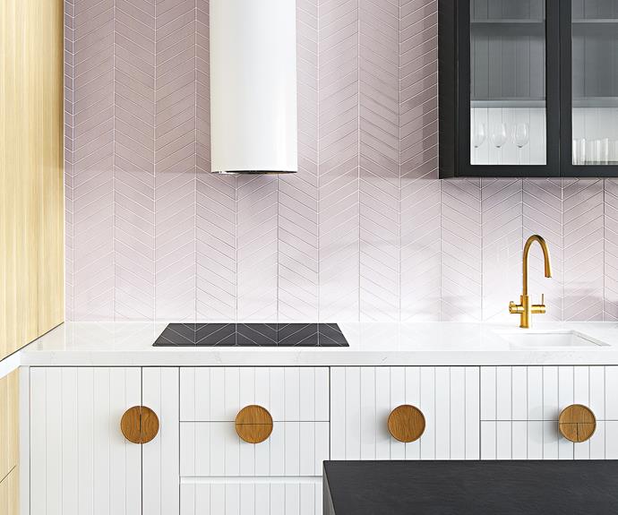 pink white kitchen tiles timber