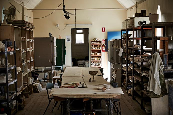 Kimberly's shared studio space is in an [old converted church](https://www.homestolove.com.au/renovated-church-in-melbourne-6912|target="_blank"). "The equipment and furnishings are old and the floors have holes, but it's such a charming and inspiring place to be. It's nice being around older, wiser and most often cranky citizens," Kimberly says.