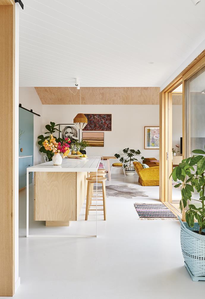 **Kitchen** Pastel and desert tones are grounded by white walls and floors. Artwork: [Lola Donoghue](http://loladonoghue.com/|target="_blank"|rel="nofollow"). *Styling: Emma O'Meara | Photography: Nikole Ramsay*.