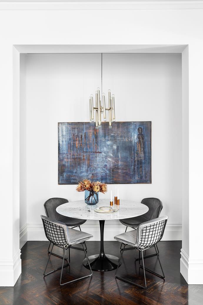 KnollStudio 'Saarinen' dining table and 'Bertoia' chairs from De De Ce. Painting by Lee Meskin.