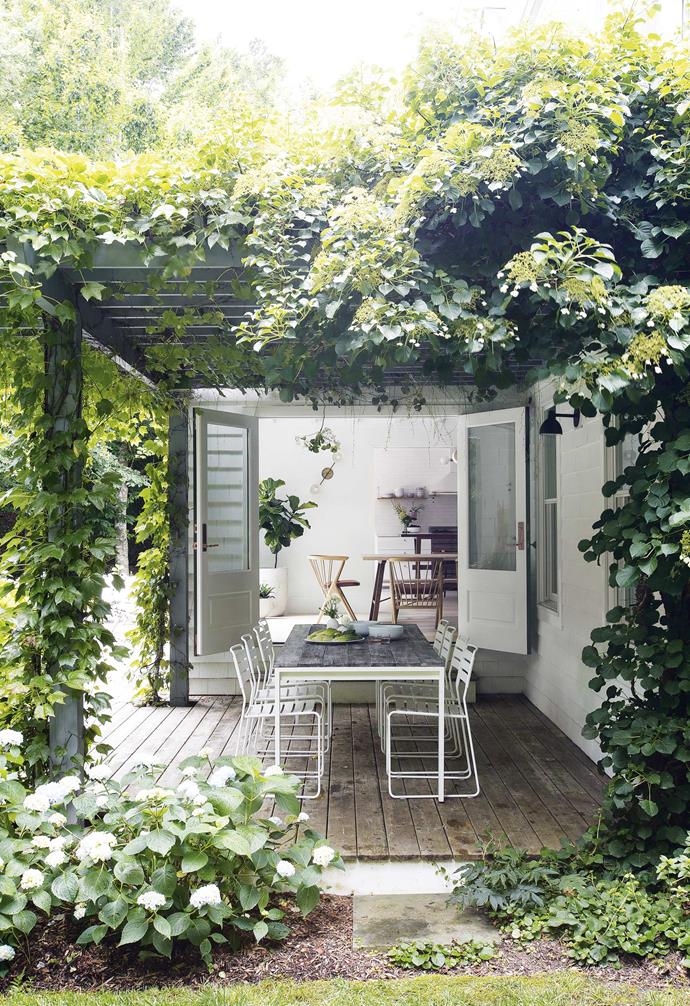 **Outdoor dining area** A trellised deck features a custom dining table by New York's Uhuru Design and Fermob chairs (try [Cafe Culture + Insitu](https://cafecultureinsitu.com.au/|target="_blank"|rel="nofollow")). "The trellis of climbing hydrangea was there when we bought the house," says Andrea.