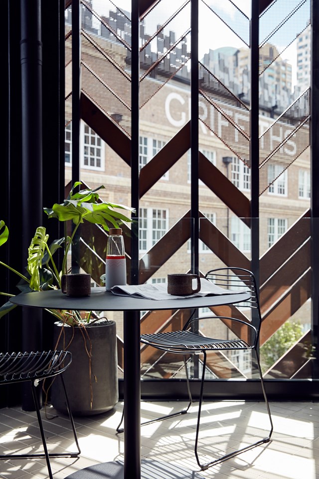 External cladding in sharp angular panels is visually softened when viewed from the inside. Functional and beautiful in the [recently redefined Paramount House Hotel](https://www.homestolove.com.au/style-to-steal-paramount-house-hotel-surry-hills-18882|target="_blank") in Sydney's Surry Hills.