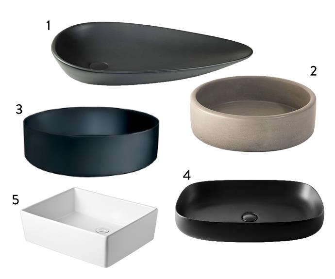 1. 'Gyali' SBC-021K ceramic inset above counter **basin**, $609.30, at [SEIMA](https://www.seima.com.au/seima-products/gyali-sbc-021k/|target="_blank"|rel="nofollow"). 2. 'The bowl' **basin**, $854, from [Nood Co.](https://noodco.com.au/product/the-bowl-sink/|target="_blank"|rel="nofollow"). 3. Alape 'Unisono' 325mm above-counter **basin** in Matt Black, $931, at [Reece](https://www.reece.com.au/product/alape-unisono-counter-basin-no-taphole-325mm-matte-9506940|target="_blank"|rel="nofollow"). 4. 'Heron' square vessel **basin** with no taphole in white, $319, at [Reece](https://www.reece.com.au/product/american-standard-heron-square-vessel-basin-no-9506428|target="_blank"|rel="nofollow").